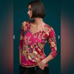 Johnny Was Floral V-Neck Top - Pink and Gold